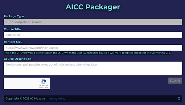 Screenshot of the AICC Packager web application